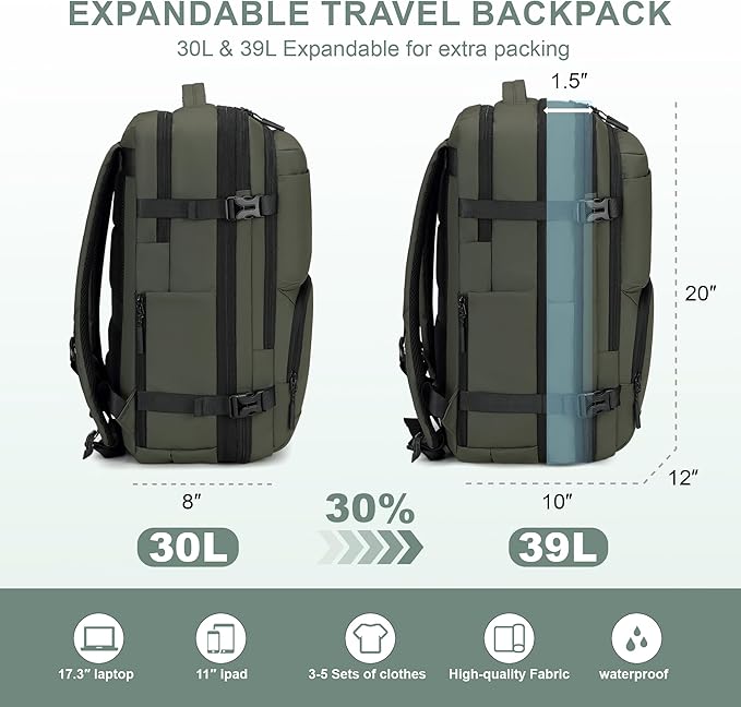 BAGOK Carry On Travel Backpack, 35L-40L Expandable Extra Large Airline Approved,Lightweight Daypack for Men and Women（Green）