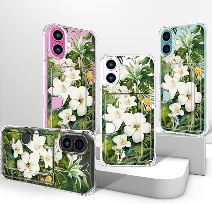Compatible with iPhone 16 Plus Case Card Holder for Women Cute Design,Wallet Phone Cases Transparent Cool Kawaii Protective (Clear Green Flowers Tropical Jungle)
