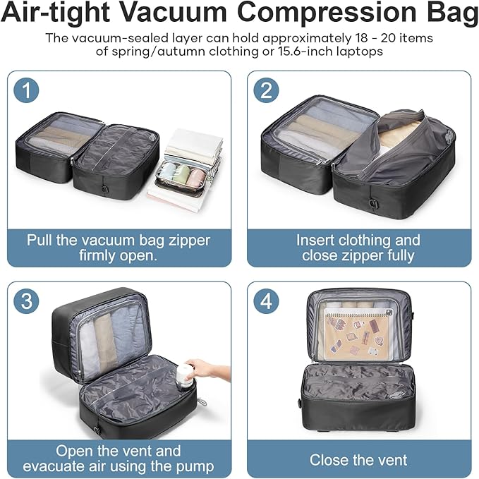 Vacuum Travel Bag for Women with Air Pump, Personal Item Carry on Bags with Seal Compression Pocket for Airlines, Weekender Overnight Bag for Women with Toiletry Bag，Black