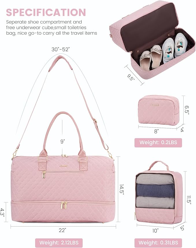 LOVEVOOK Travel Duffle Bag for Women, Weekender Overnight Bag with Shoe Compartment, Carry on Bag with Toiletry Bag, Gym Duffel Bag with Wet Pocket, Hospital Bags for Labor and Delivery 3 Pcs Set