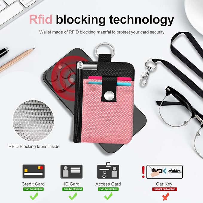 Minimalist RFID Blocking Small Wallet with ID Window,WaterResistant Zip Id Case Wallet with Lanyard Keychain for Cards,Cash,Travel,Women,Men (Pink/Black)