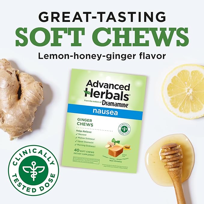 from The Makers of Dramamine, Advanced Herbals Ginger Chews for Nausea Relief, Morning Sickness Relief & Motion Sickness Relief During Travel, Lemon-Honey, 40 Count