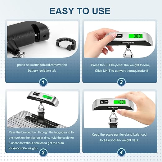 Digital Luggage Scale, 110lb Suitcase Weight Scale for Travel with Backlit LCD Display, 4-Unit Switching, Portable Hanging Baggage Scale for Luggage, Backpacks, Packages (Battery Included)