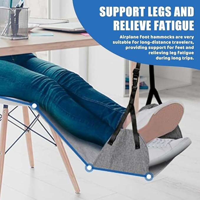 Portable Airplane Foot Hammock, Hardened Plastic Plate at The Bottom, Height Adjustable Feet Rest for Plane Travel, Office, Desk, Bus, Train, Long Trip (Gray)