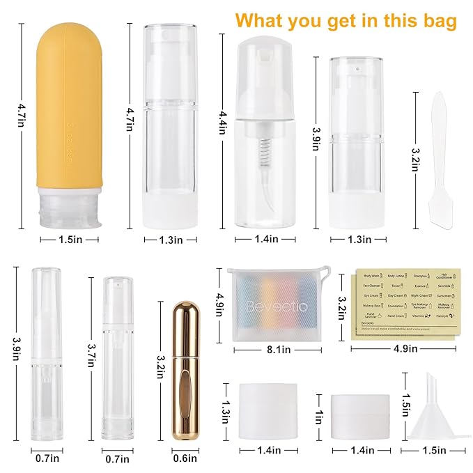 Beveetio 19 Pack Travel Bottles TSA Approved, 3OZ Leakproof Silicone Refillable Travel Size Containers for Toiletries, BPA Free Travel Accessories Tubes Cosmetic Shampoo Lotion Soap