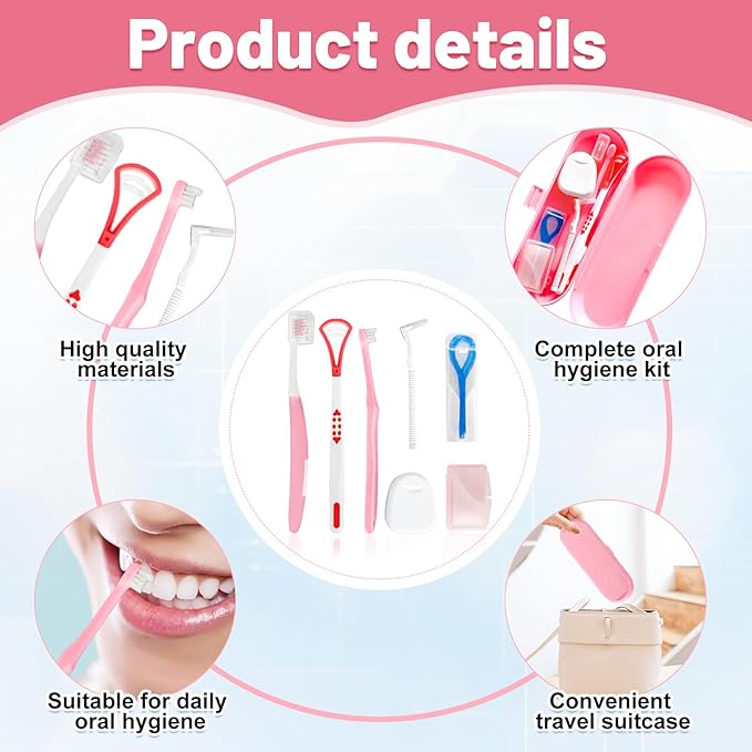 7-in-1 Travel Oral Care Kit with Case – Toothbrush, Tongue Scraper, Wisdom Toothbrush, Dental Floss, Floss Threaders, Interdental Brush, Dental Wax, Portable Hygiene Set for Daily Use Travel (Pink)