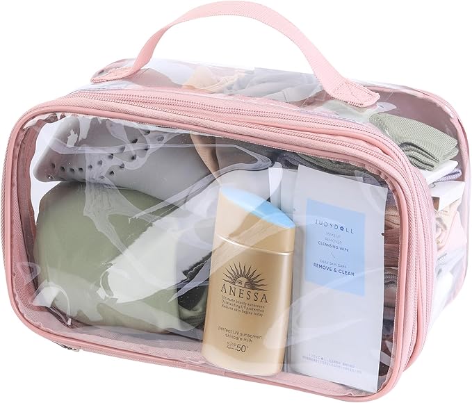BORMELUN Large clear travel pouch,TSA approved toiletry reusable organizer with zipper proof purse makeup case carry On (Pink)