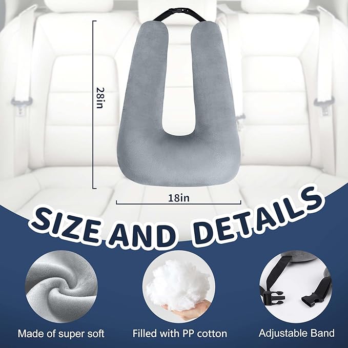 Car Pillow for Kids,Car Pillow for Sleeping, Travel Pillow for Kids with Adjustable Strap – Road Trip Pillow for Kid and Adults, Head and Neck Support, Car Travel Essentials, Grey
