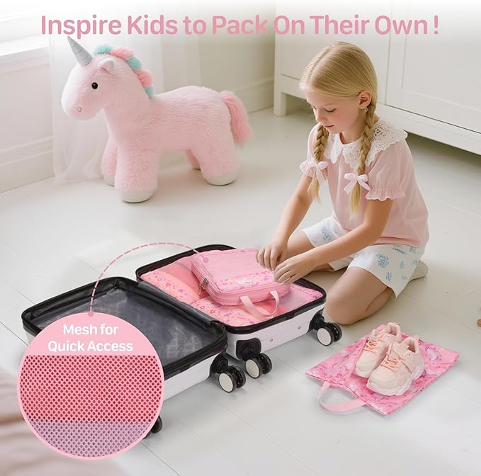Kids Compression Packing Cubes, 4 Piece Set for Carry On Suitcase, Water Resistant Travel Luggage Organizers with Shoe Bag, Toddler Backpack Essentials (Pink Unicorn)