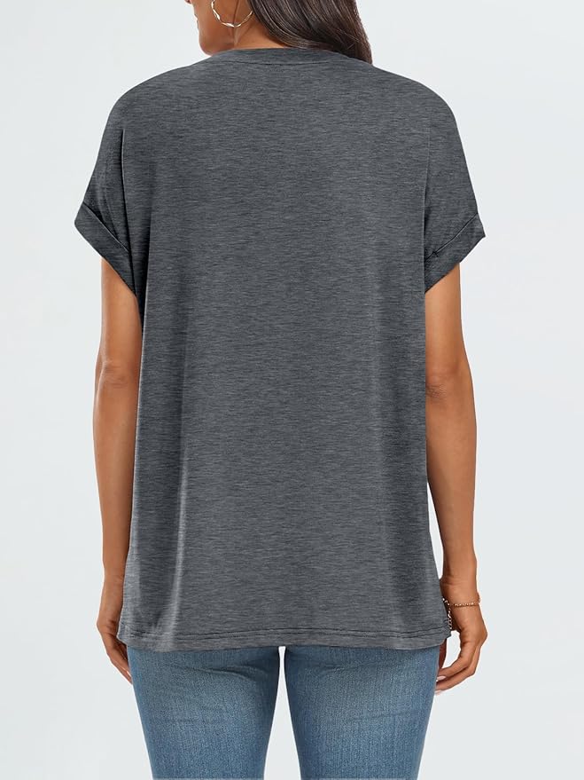 AUTOMET Women's Oversized Short Sleeve T Shirts Casual Drop Shoulder Rolled Cuff Summer Tops for Work, Travel and Lounge