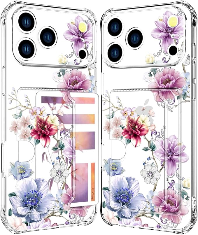 Compatible with iPhone 17 Pro Max Case Card Holder for Women Cute Design,Wallet Phone Cases Transparent Cool Kawaii Protective (Clear Wonderful Large Flowers)
