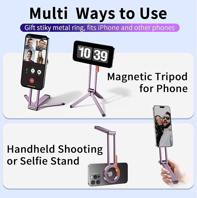 for MagSafe Magnetic Phone Tripod Stand for iPhone & Android Phone, Portable Mini Pocket Tripod Holder, Foldable Aluminum Small Holder with Carabiner Clip for iPhone 16/15/14/13 Series, Dusty Purple