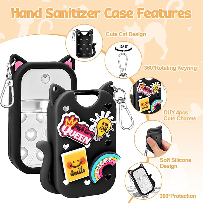 Mity rain Hand Sanitizer Spray Case Compatible With Touchland, Cute Silicone Hand Sanitizer Holder Keychain with 4 Charms, Portable Refillable Sanitizer Accessory, Gift For Women And Teens(Black)