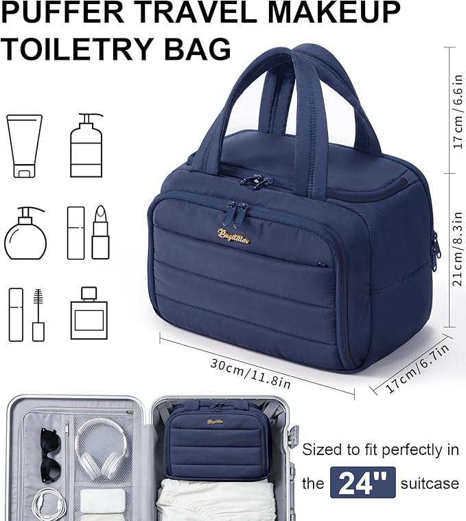 Bagstellar Travel Toiletry Bag for Women, Lightweight Large Quilted Puffy Makeup Bag Wide-open Make up Organizer Cloud Cosmetic Bag w/Handle for Traveling Toiletries Essentials Accessories Navy Blue