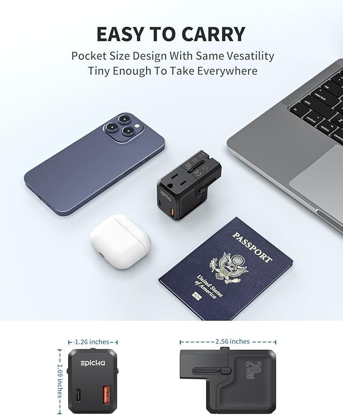 EPICKA Universal Travel Adapter, International Plug Adapter Wall Charger with 20W USB-C PD & USB-A QC, All-in-One Pocket Size Adapter for USA EU UK AUS (Pocket 111, Black)