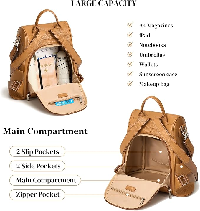 Leather Backpack Purses, Anti-theft Genuine Leather Backpack Bags for Women, Large Capcacity Fashion Convertible Shouler Bags for School Travel Daily