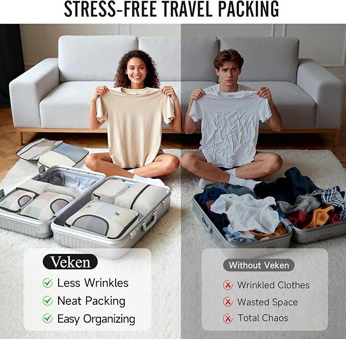 Veken 8 Set Packing Cubes for Travel Essentials, Suitcase Organizer Bags in 4 Sizes, Carry-On Luggage Accessories with Large Laundry Bag & Passport Holder, Must-Have for Airplane, Road Trip & Camping