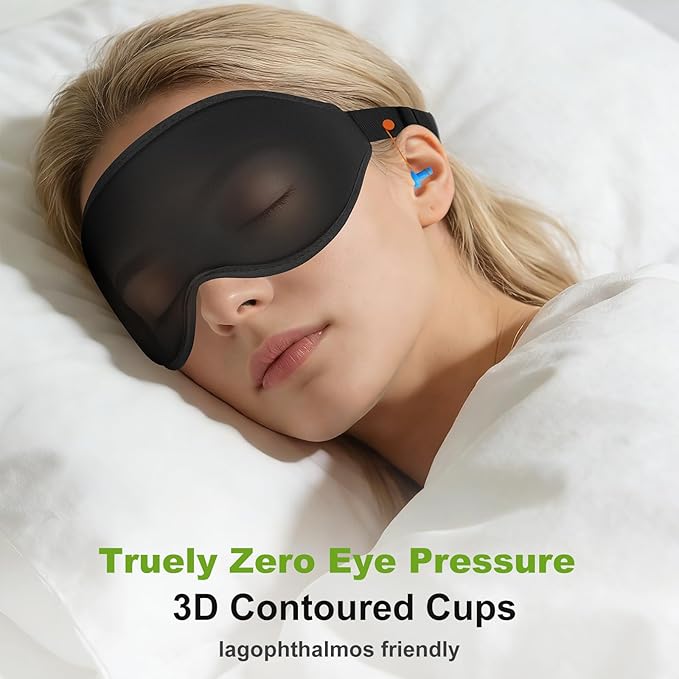 3D Contoured Sleep Mask with Earplug Retainer Cord,100% Pressure-Free & Total Light Blocking Eye Mask with Adjustable Strap. Ideal for Sleep Earplug User, Airplane Travel, Meditation Grey