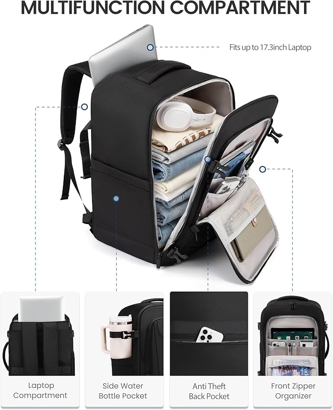 LOVEVOOK Travel Backpack for Men Women, 40L Carry on Backpack Flight Approved with 3 Packing Cubes, Extra Large Personal Item Bag Fits 17.3 inch Laptop for Airplanes, Water Resistant Daypack, Black