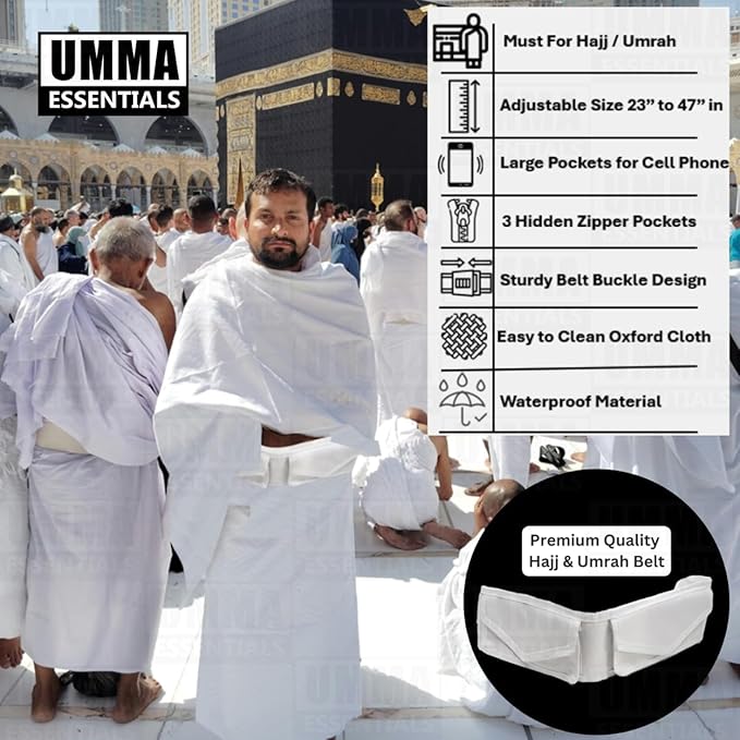Premium Ahram Ihram Belt for Hajj & Umrah – Hidden Safety Zipper Pockets, Adjustable Waist (23”– 47”), Large Pockets for Cell phone and Sturdy Buckle with Lock Release