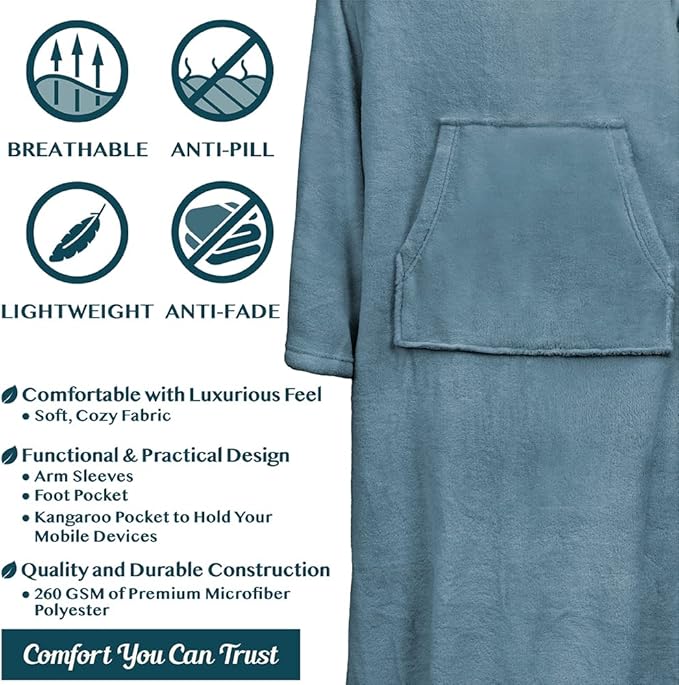 PAVILIA Fleece Blanket with Sleeves, Foot Pockets for Women Men Adults, Plush Wearable Blanket Throw Wrap, Warm Snuggle Blanket Robe, Cozy Gift Ideas Wife Mom, Dusty Blue