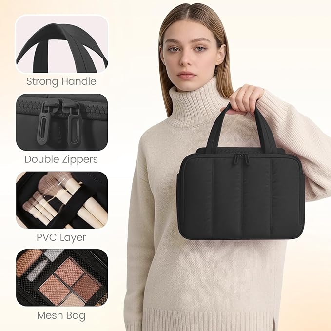 Toiletry Bag for Women Puffy Large,Travel Makeup Bag,Large Toiletry Bag with Adjustable Dividers,Waterproof Cosmetic Travel Bag with Trolley Sleeve,Toiletries Organizer,Black