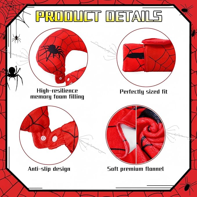 Moukeren 4 Pcs Spider Travel Pillow and Blanket Set Travel Airplane Essentials with Memory Foam Neck Pillow Soft Fleece Blanket Eye Mask and Spider Storage Bag for Boys Girls Sleeping Use