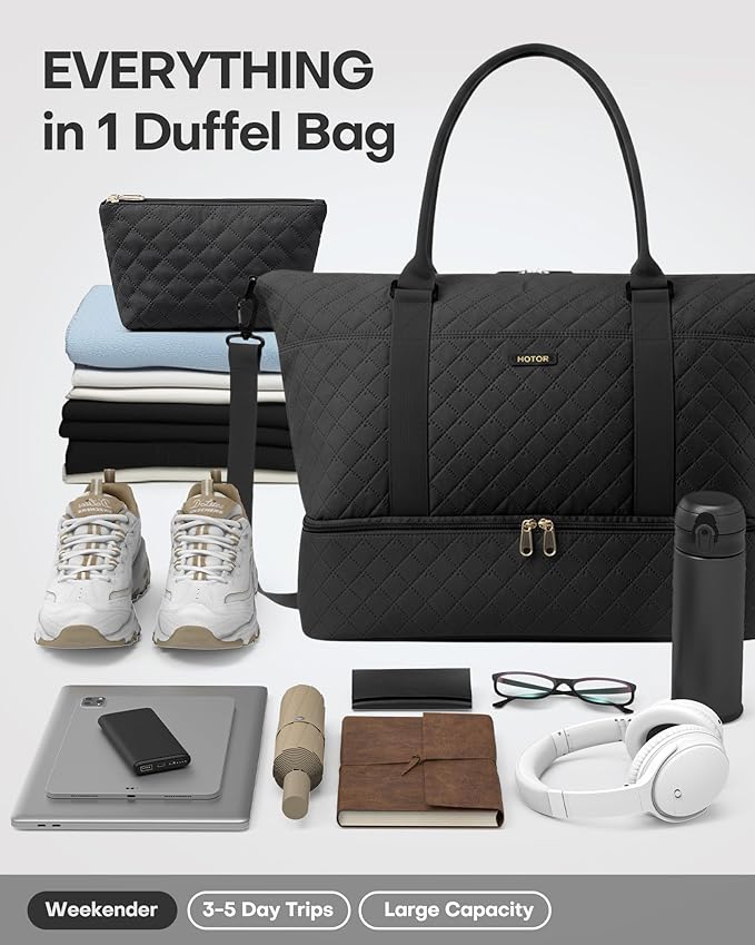 HOTOR Travel Duffel Bag - Weekender Bags for Women, Gym Tote Bags with Shoe Compartment, Carry On Overnight Bag with Toiletry Bag for Travel Essentials and Travel Accessories, Black, 15.8"×18.1"×8.7"