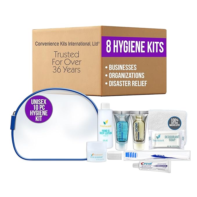 Convenience Kits International Unisex 10 Piece Hygiene Travel Kit with Shampoo, Conditioner, Lotion, Soap, Deodorant, Crest Toothpaste, Toothbrush, Cotton Washcloth (8 Kits)