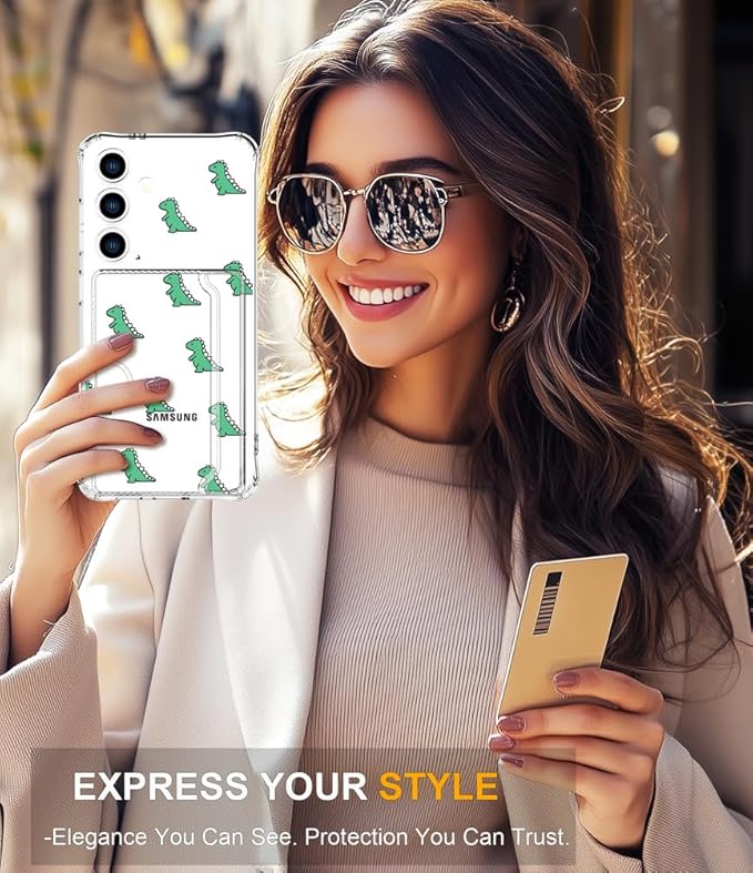 Compatible with Samsung Galaxy S24+ Plus / S25+ Plus Case Card Holder for Women Cute Design,Wallet Phone Cases Transparent Cool Kawaii Protective (Clear Lovely Dinosaurs Animal)