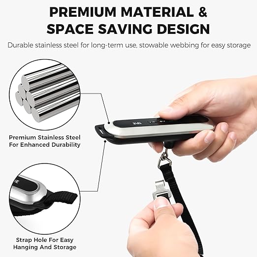 TIPRE Travel Luggage Scale 110lb Digital Suitcase Scale Portable Weight Scale Handheld Baggage Scale High Precision Stainless Steel Luggage Scale Carry-on Weight Scale Lightweight Travel Tool