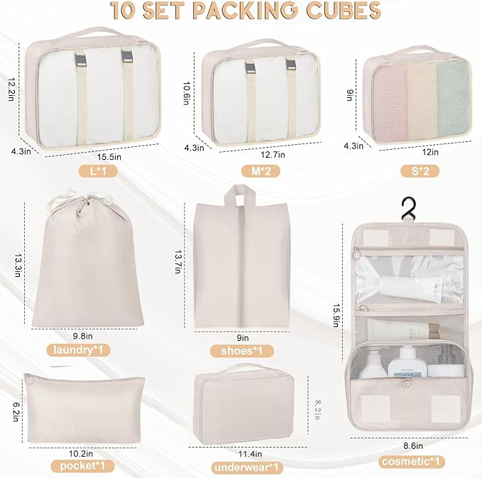 10 Set Packing Cubes for Travel, Travel Packing Cubes with Hanging Toiletry Bag and Shoe Bag, Suitcase Luggage Organizer Bags for Travel Essentials Women Men