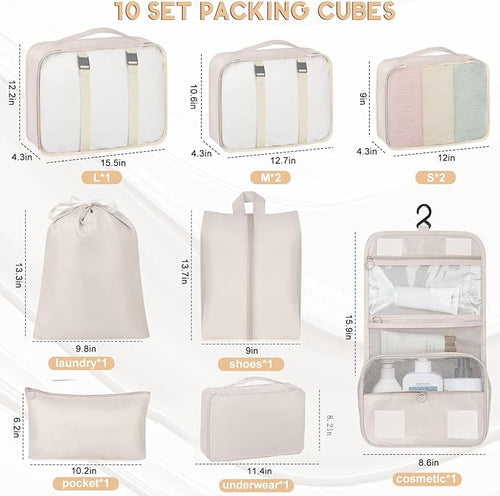 10 Set Packing Cubes for Travel, Travel Packing Cubes with Hanging Toiletry Bag and Shoe Bag, Suitcase Luggage Organizer Bags for Travel Essentials Women Men