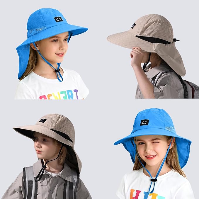Outdoor Kids Sun Hat with Neck Flap UPF 50+ Quick Dry Beach Hats for Baby Boys Girls Age 2-12 Years Adjustable