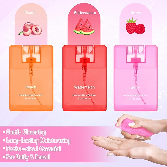 Set of 3 Power Mist Hydrating Hand Sanitizer Spray Bulk Travel Size Portable Hand Sanitizer 0.67 Fl. oz Compact Card Spray Bottle Watermelon Peach Berry Scent for Pocket Bag Purse Car Backpack