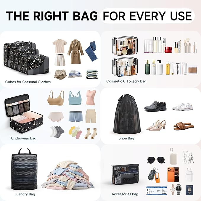 11 Set Packing Cubes for Travel, Gifts for Women Mom Kids, TSA Approved Bags for Makeup, Cosmetic, Toiletry, Suitcase Organizers for Checked Luggage,Cruise Essentials,Airplane Accessories,Black Floral