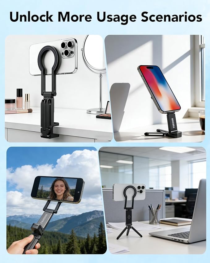 Magnetic Tripod for iPhone - Foldable Mini Pocket Phone Stand, Portable Selfie Stick Handle Grip with 360°, Airplane Travel Essentials, Phone Holders for Your Car and Gym (Grey)