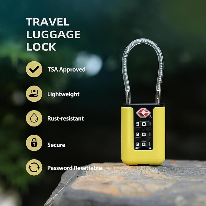 TSA Approved Luggage Locks, 3-Digit Waterproof Padlock, Combination Travel Cable Lock, Lockers, Suitcases, Toolboxes (Yellow+Blue)