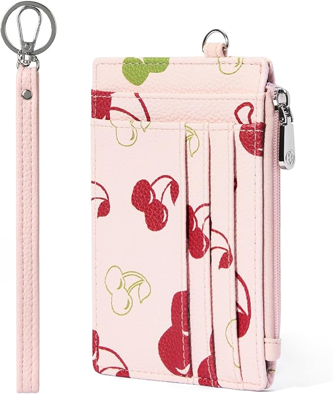 BOSTANTEN Small Wallet For Women RFID Leather Credit Card Holder Slim Wristlet Keychain Wallet With Zipper Pocket, Cherry