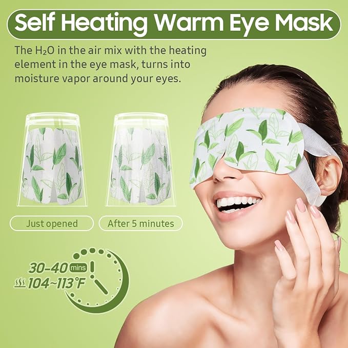BeHoomi 20Packs Steam Eye Mask, Heated Eye Mask Warm Compress for Eyes, Disposable Self Heating Steam Mask for Sleep, Spa, Travel Essentials, Relaxation Gifts for Women, Mothers Day Gifts (Green Tea)