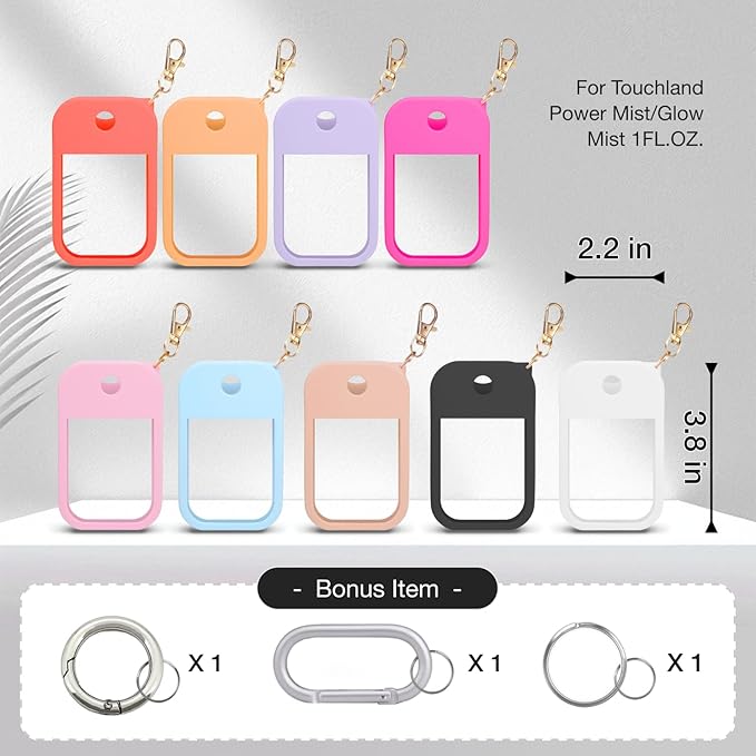 9 PCS Soft Silicone Case for Touchland Power Mist (1FL. OZ./30 mL), Protective and Stylish Case with Keychain Compatible with Touchland Hand Sanitizer Spray (9 Colors)
