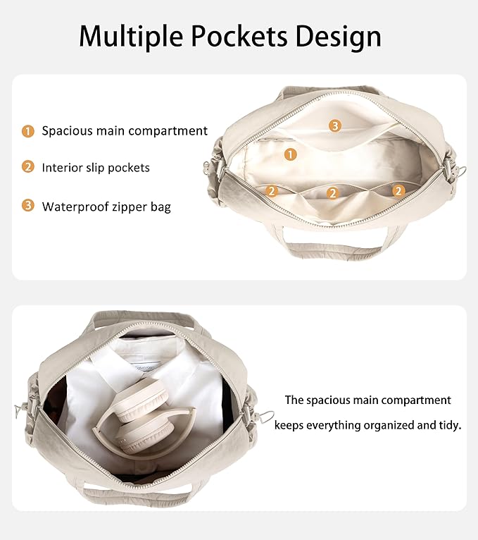 Lightweight Travel Duffle Bag for Women, Quilted Puffy Weekender with Wet Pocket for Gym, Overnight, Personal Item Carry On, Beige