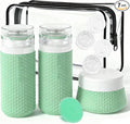 Travel Bottles for Toiletries 2oz 60ml 2 Pack + Cosmetic Jar 40ml 1.35oz Luxury Leather Pattern, Anti-slip Silicone Premium Refillable Bottle Set with Facial Brush for Gym Men Women, Green