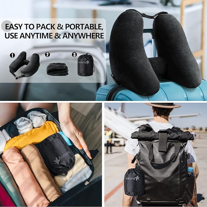 Sunany Travel Neck Pillow for Airplane Pillow Comfortably Supports Head, Neck and Chin, Inflatable Travel Pillow with Soft Velour Cover and Portable Drawstring Bag (Black) (Black, H)