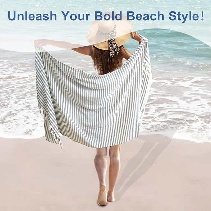 Oversized Turkish Beach Towel Quick Dry Sand Free Boho Blanket Extra Large XL Swim Bath Pool Picnic Accessories Airplane Travel Vacation Essentials Women Mother Birthday Gift Yoga Mat (Grey)