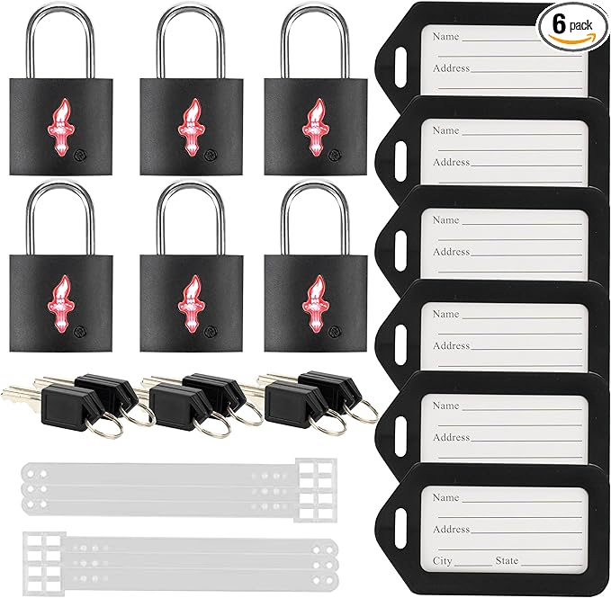 6 Pack Black TSA Luggage Locks with Key, TSA Approved for Backpacks, Bags and Luggage, 6 Pack Travel tag