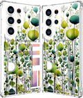 Compatible with Samsung Galaxy S24 Ultra Case Card Holder for Women Cute Design,Wallet Phone Cases Transparent Cool Kawaii Protective (Clear Green Flower Leaves Buds)