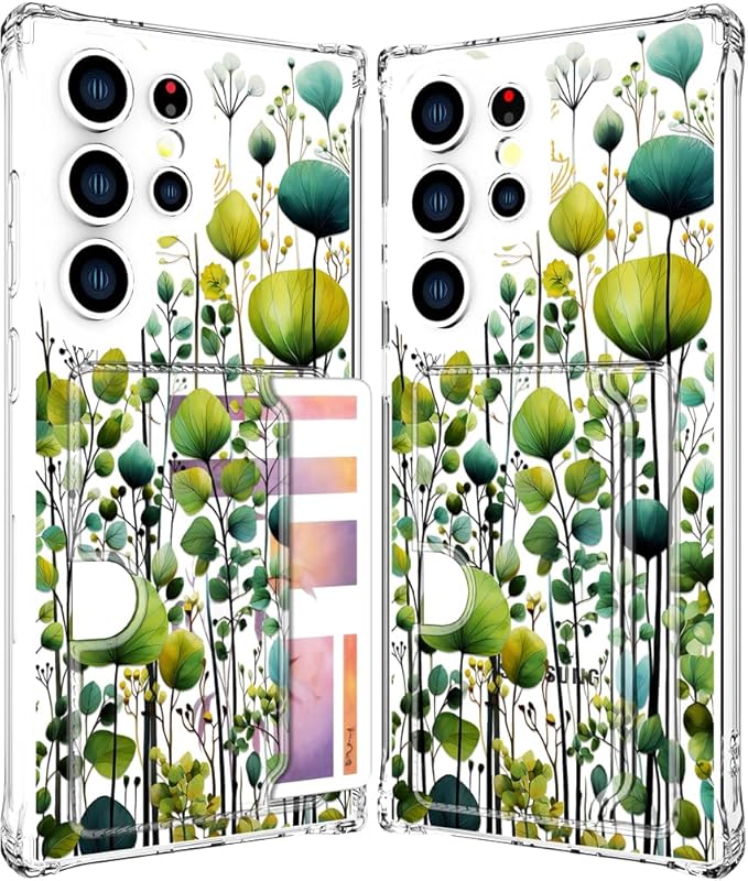 Compatible with Samsung Galaxy S24 Ultra Case Card Holder for Women Cute Design,Wallet Phone Cases Transparent Cool Kawaii Protective (Clear Green Flower Leaves Buds)