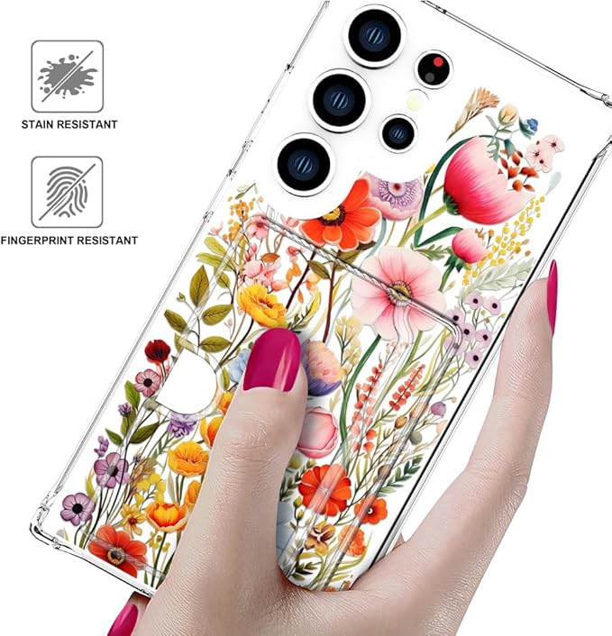 Compatible with Samsung Galaxy S24 Ultra Case Card Holder for Women Cute Design,Wallet Phone Cases Transparent Cool Kawaii Protective (Clear Flowers Lily Girly Florals)