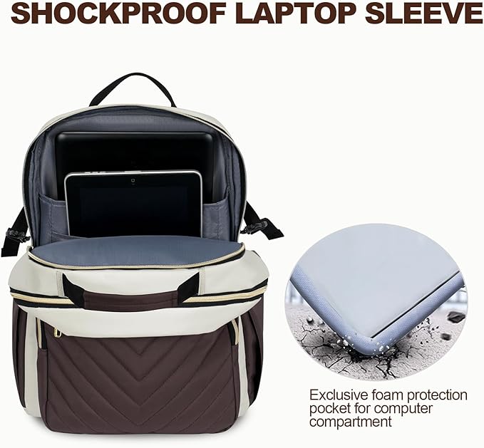 VANKEAN Laptop Backpack for Women with Giant Tumbler Holder Pocket,17.3 inch School College Book Bag Nurse Teacher Backpack,Waterproof Work Travel Backpack Purse Laptop Computer Bag, Beige-Coffee